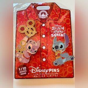 2024 Disney Parks Stitch Attacks Snacks 1/12 Pretzel Pin Trading Set January New